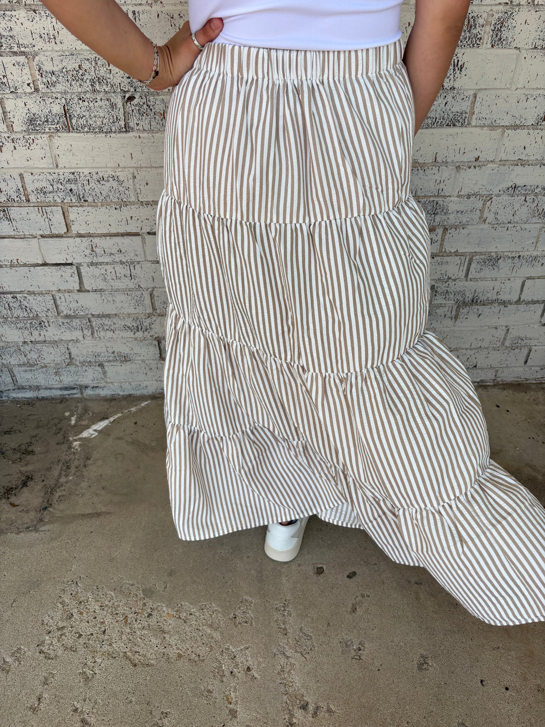 Bow Tie Tiered Taupe Stripe Maxi Skirt*