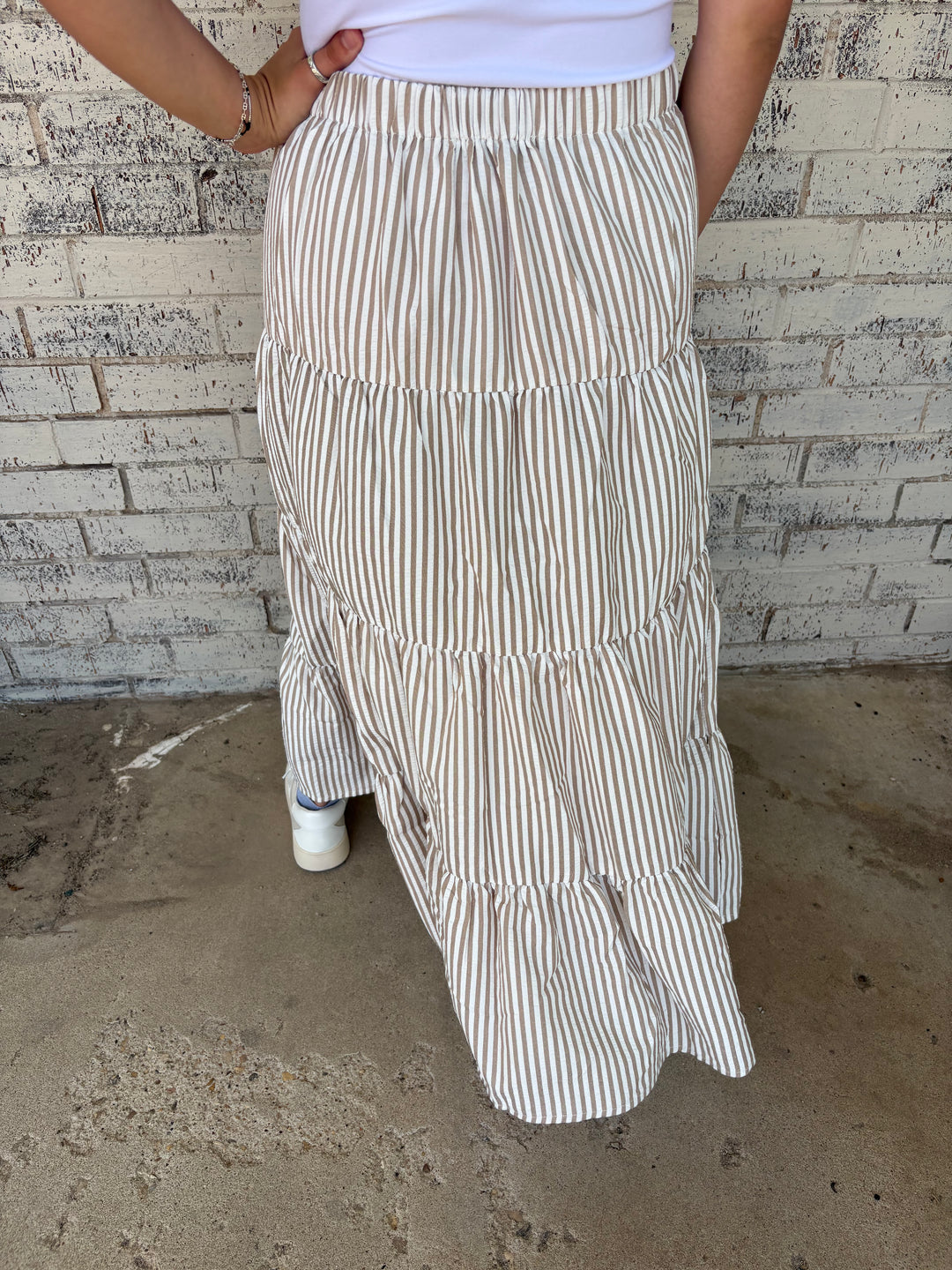 Bow Tie Tiered Taupe Stripe Maxi Skirt*
