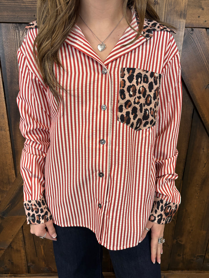 Western Contrast Leopard Stripes Blouse- 2 Colors