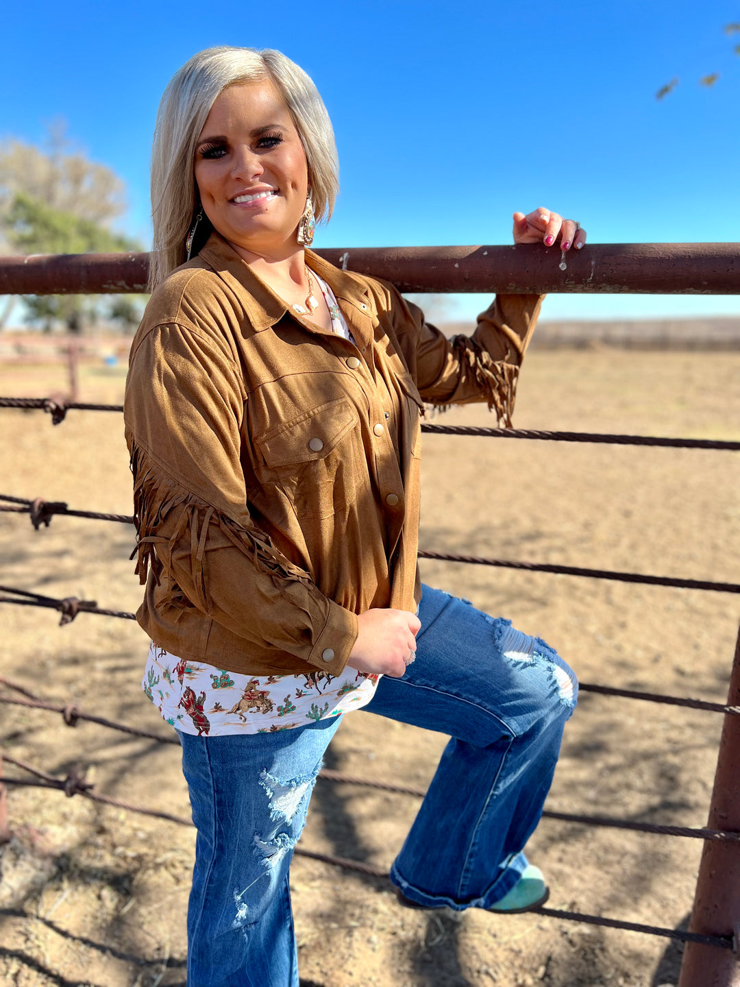 PLUS Camel Faux Suede Fringe Jacket | gussieduponline