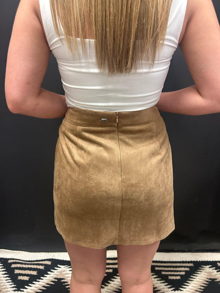 Camel Suede Aztec Floral Embroidered Front Slit Skirt*