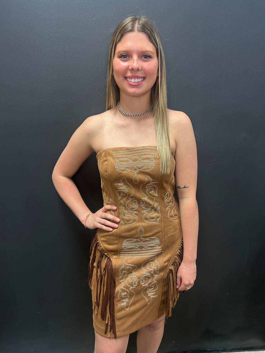 Camel Suede Boot Stitch Embroidered Fringe Dress*