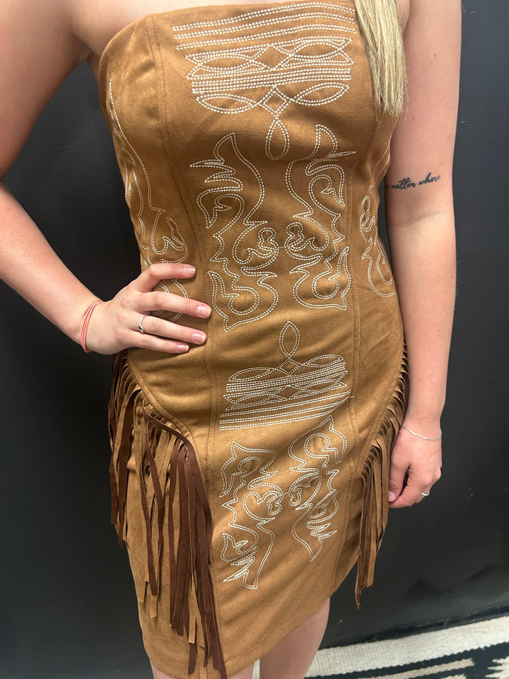 Camel Suede Boot Stitch Embroidered Fringe Dress*