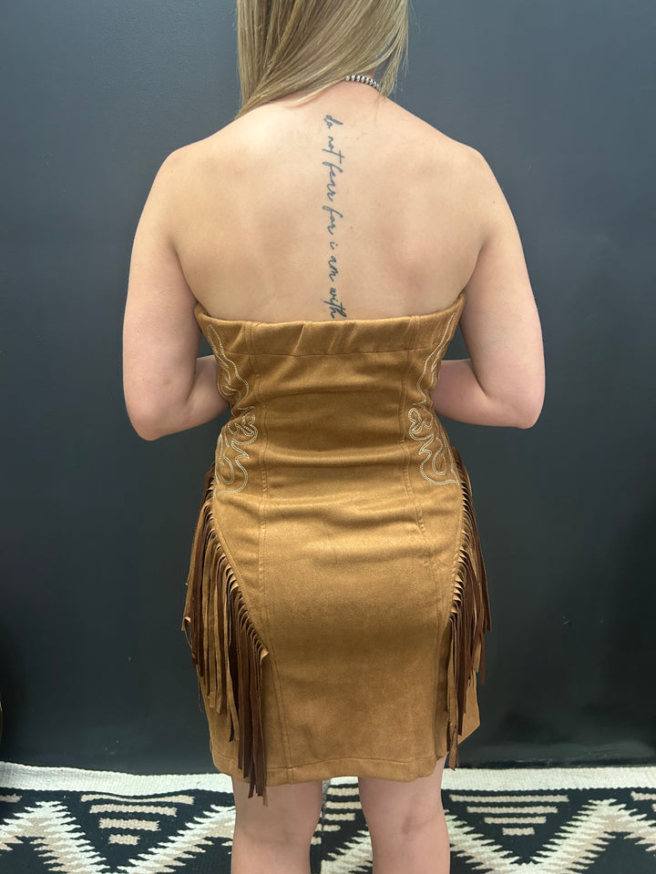 Camel Suede Boot Stitch Embroidered Fringe Dress*
