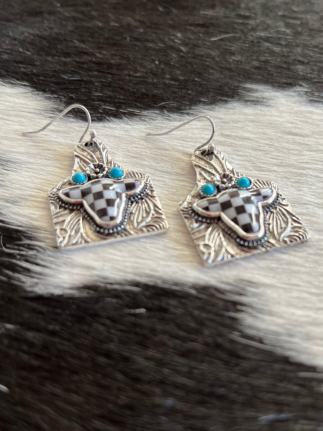 Checkered Cow Tooled Tag Earrings