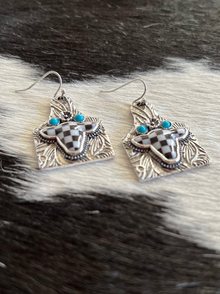 Checkered Cow Tooled Tag Earrings