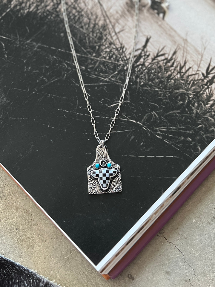 Checkered Cow Tooled Tag Necklace