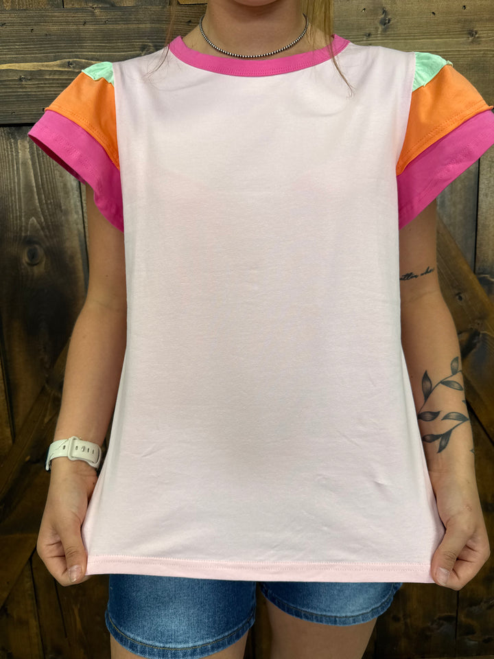 Colorblock Flutter Sleeve Round Neck T-Shirt