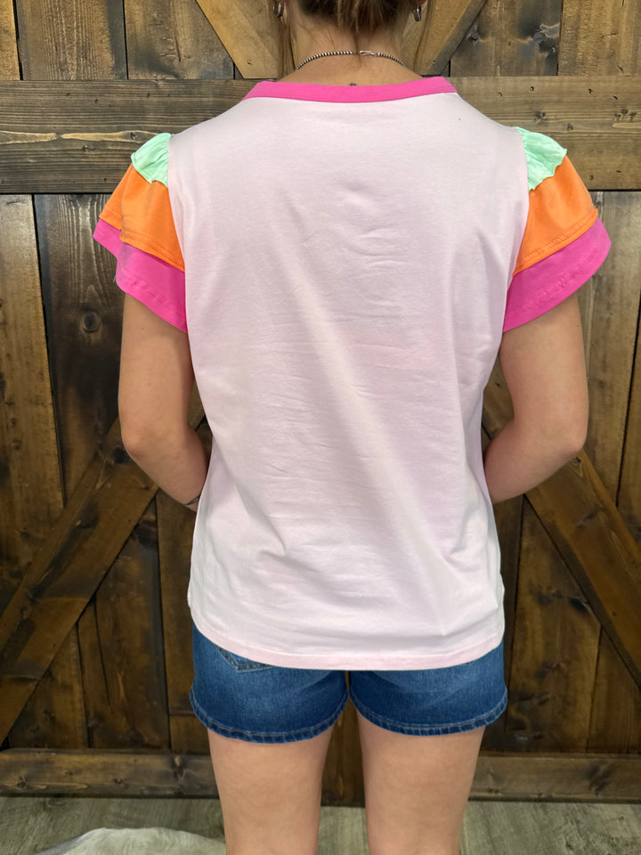 Colorblock Flutter Sleeve Round Neck T-Shirt