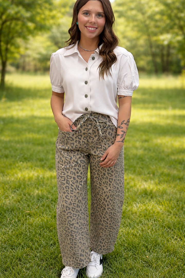 Khaki Leopard Wide Leg Pants