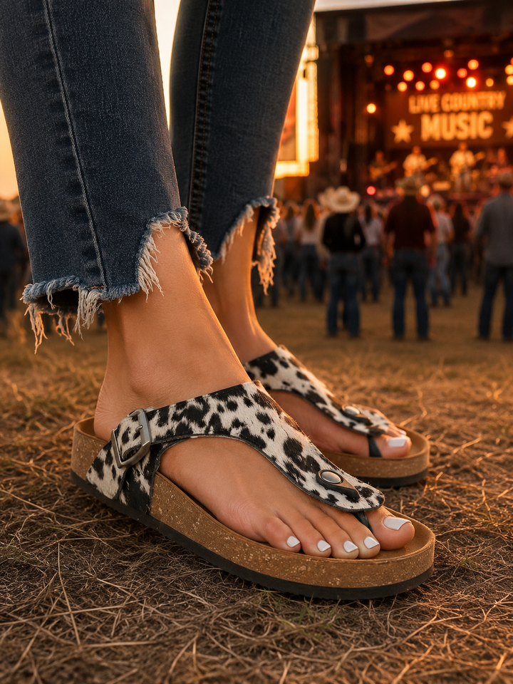 Chino Western Hand Tooled Black & White Cow Print Sandals