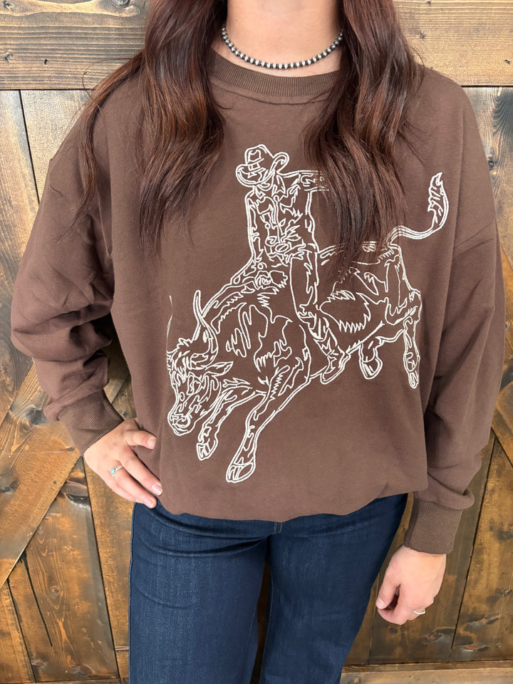 Dark Brown Embroidered Bull Riding Western Motif Sweatshirt