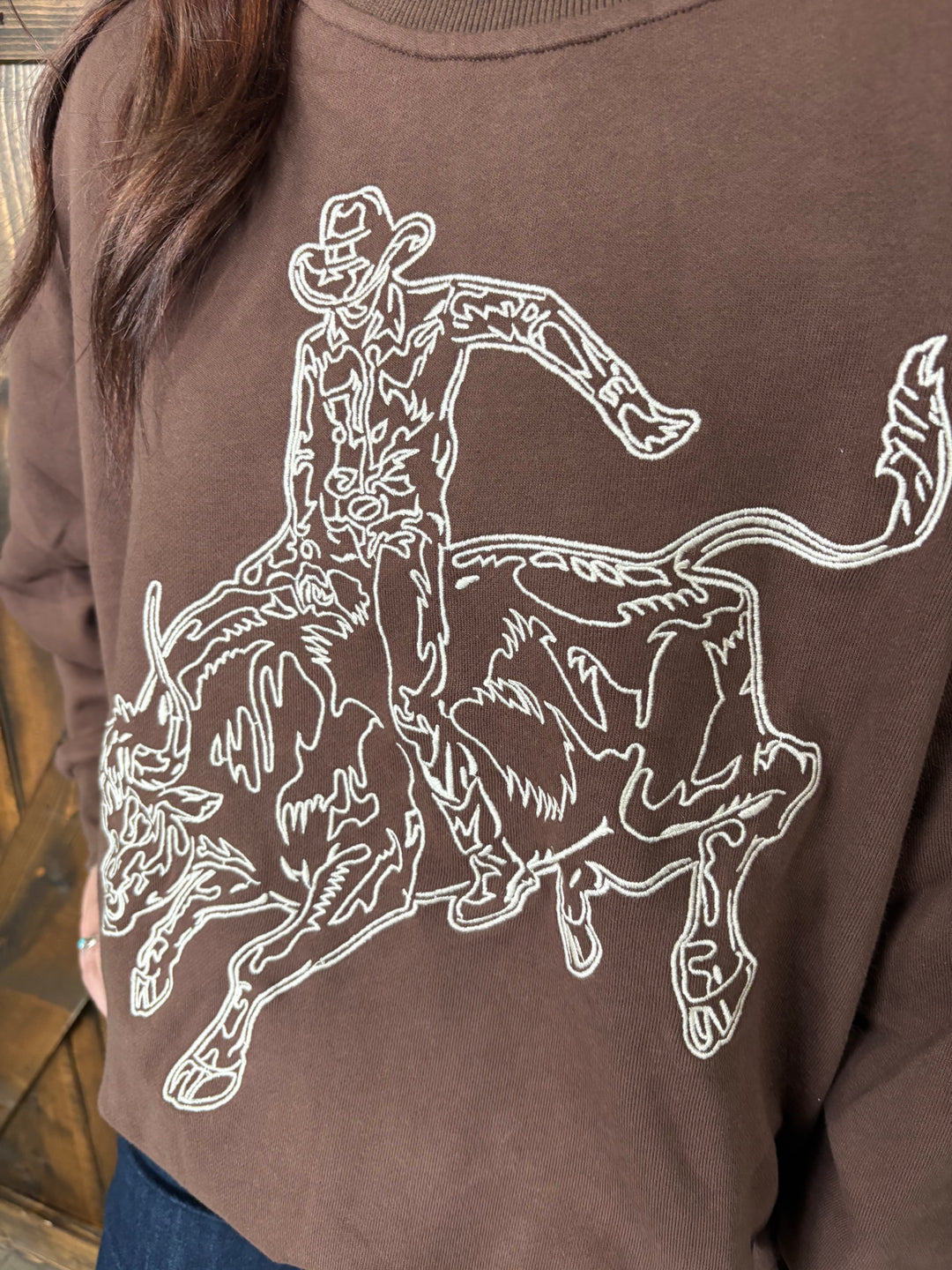 Dark Brown Embroidered Bull Riding Western Motif Sweatshirt