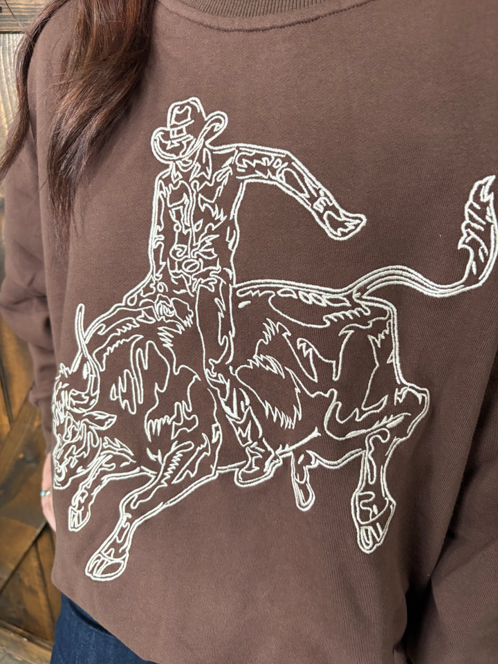 Dark Brown Embroidered Bull Riding Western Motif Sweatshirt