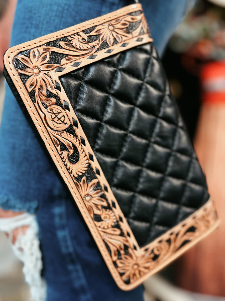 Darling Quilted Black Leather Crossbody Bag With Tooled Leather Border | gussieduponline