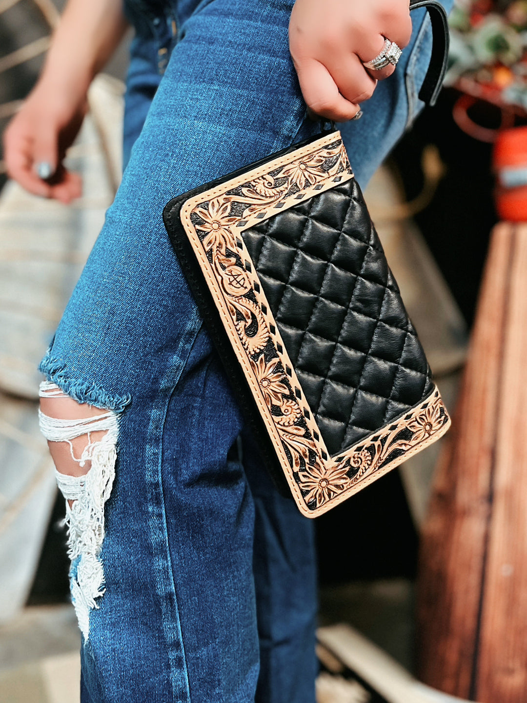 Darling Quilted Black Leather Crossbody Bag With Tooled Leather Border | gussieduponline