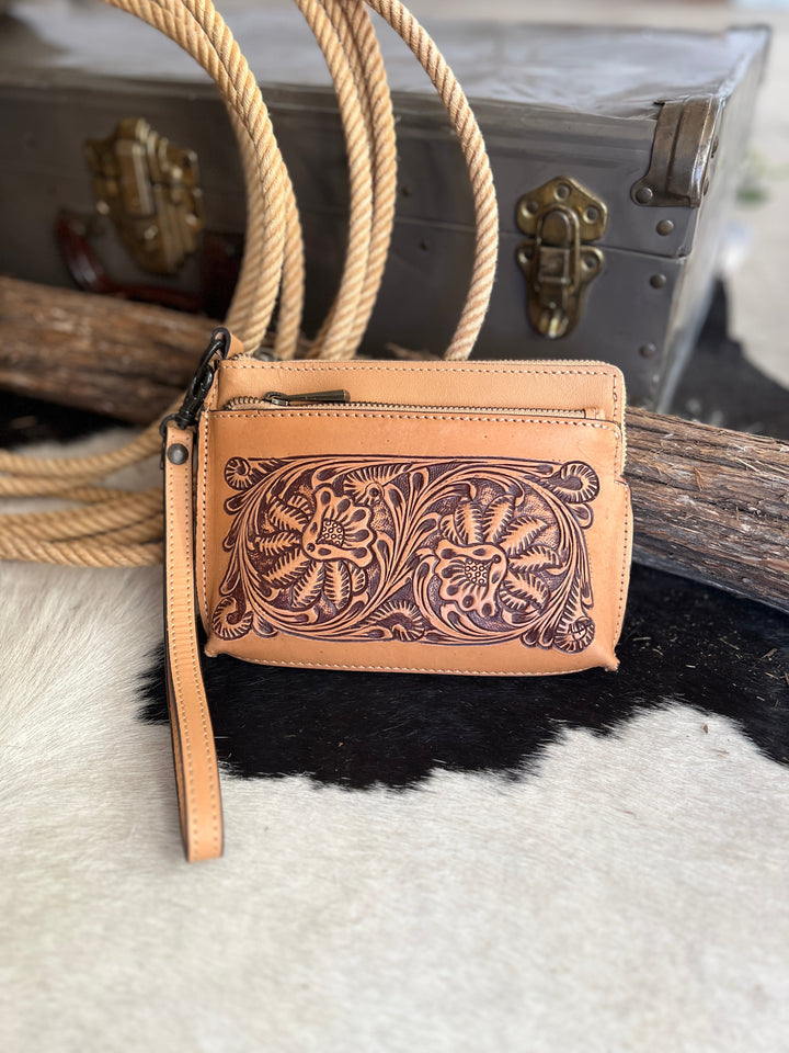 Darling Small Hand Tooled Leather Wristlet Pouch Bag | gussieduponline