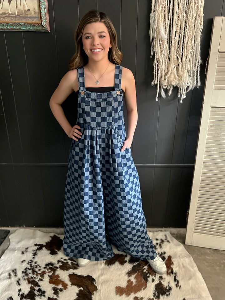 Denim Checkered Wide Leg Overalls*