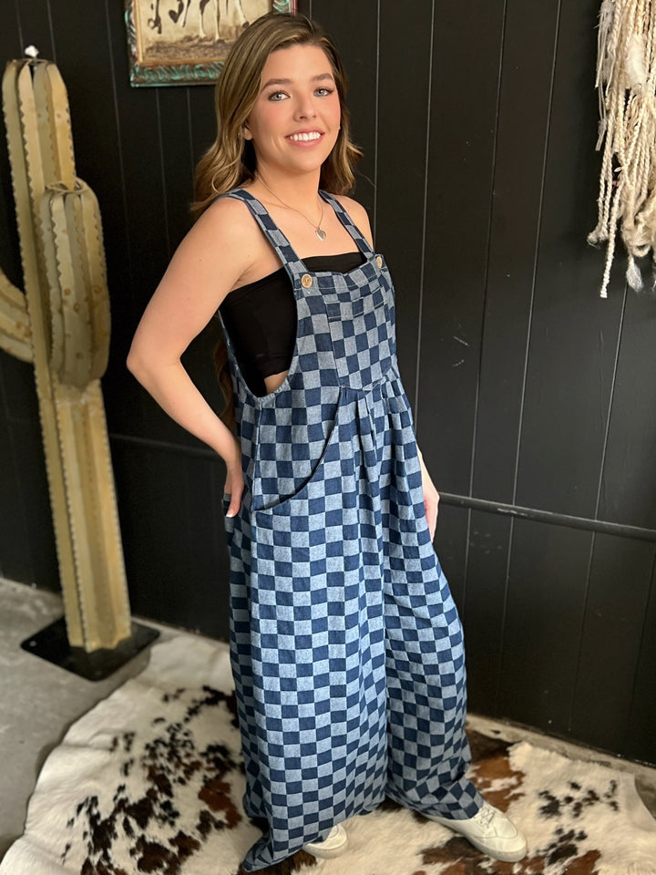 Denim Checkered Wide Leg Overalls*