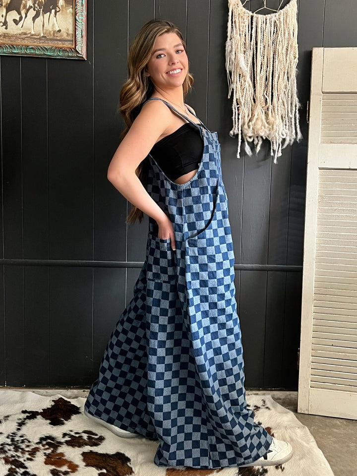 Denim Checkered Wide Leg Overalls*