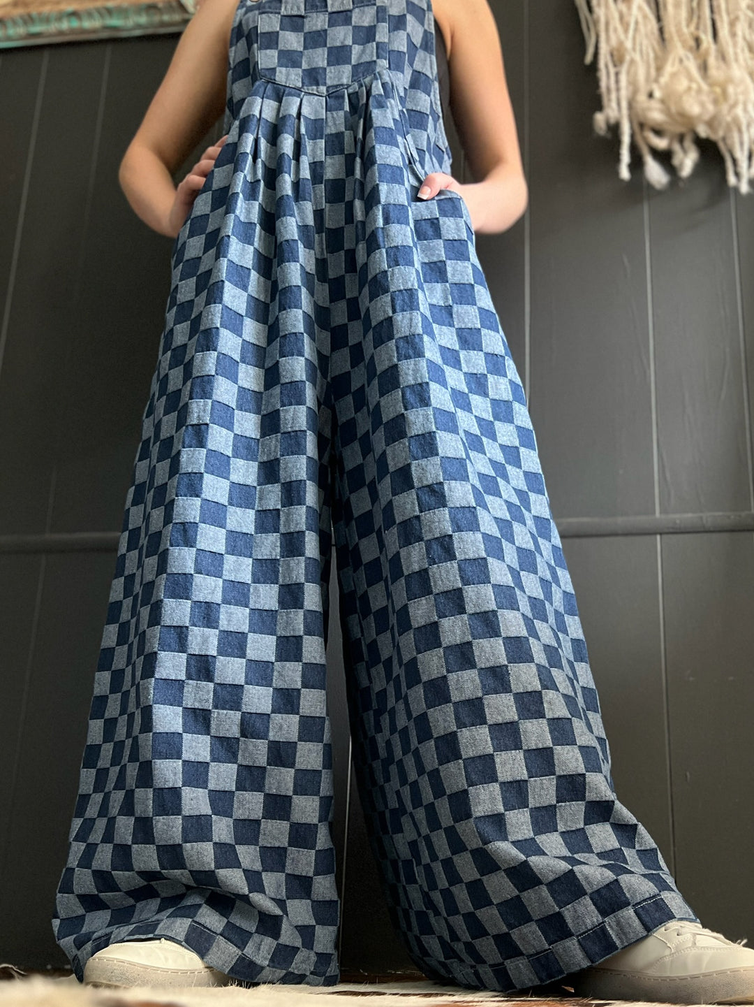 Denim Checkered Wide Leg Overalls*
