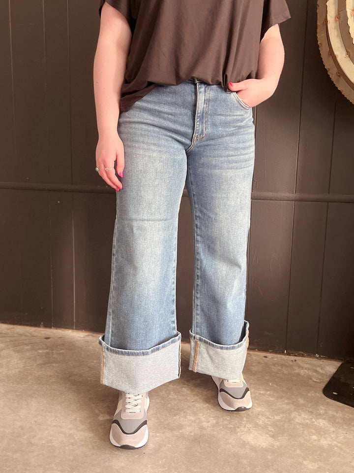Dual Wear Wide Leg Cuffed Denim Jeans | gussieduponline