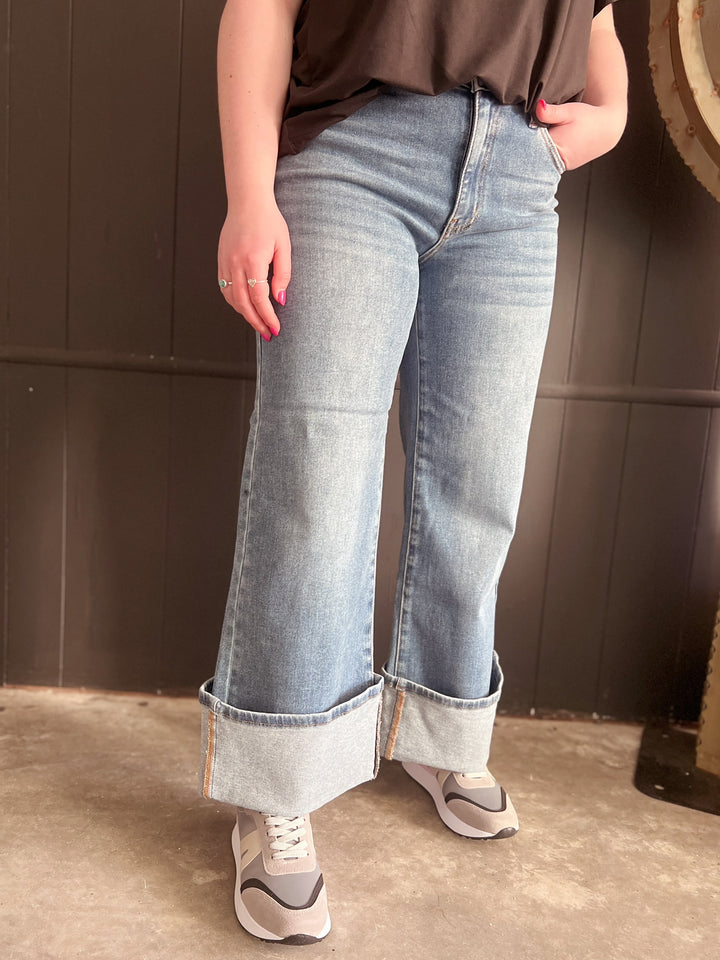Dual Wear Wide Leg Cuffed Denim Jeans | gussieduponline