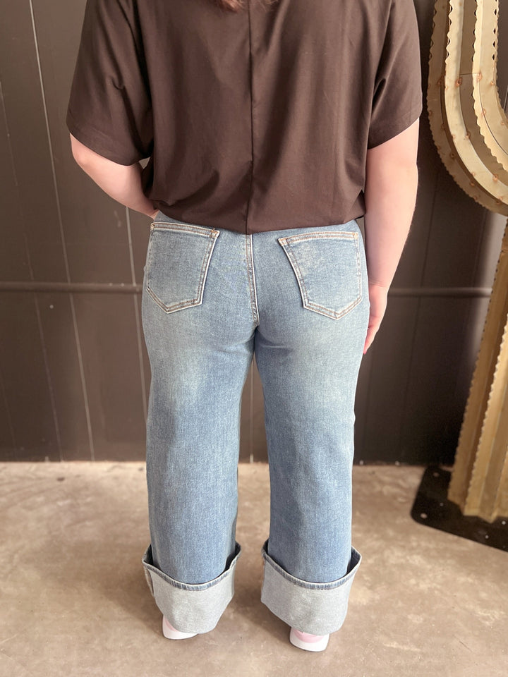 Dual Wear Wide Leg Cuffed Denim Jeans | gussieduponline