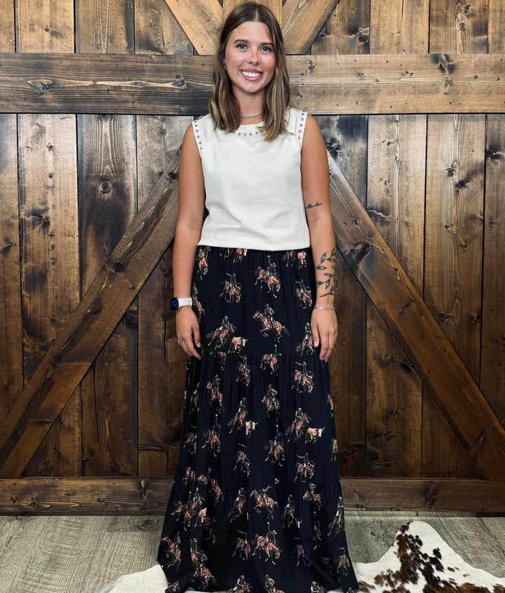 L&B Black Western Kicking Horse Ruffle Tier Skirt*