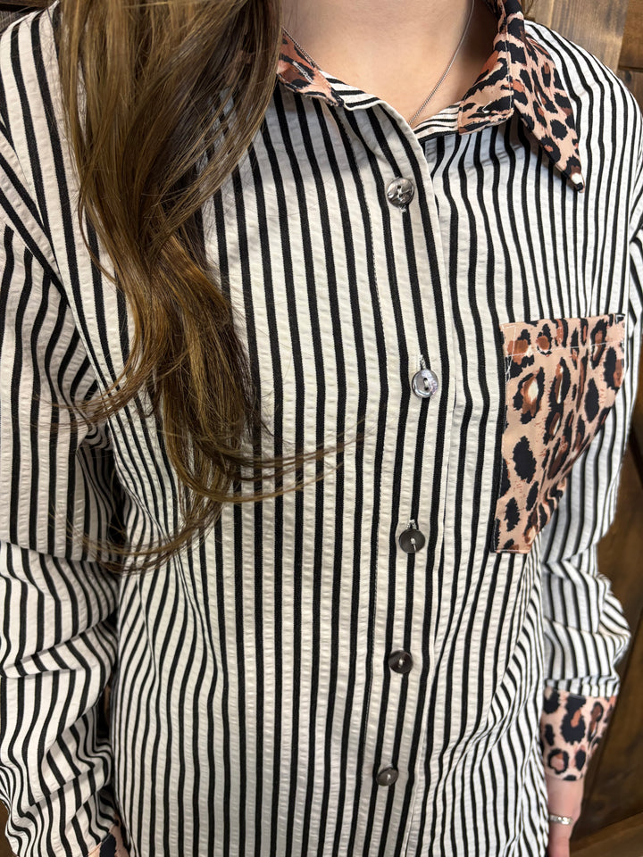 Western Contrast Leopard Stripes Blouse- 2 Colors