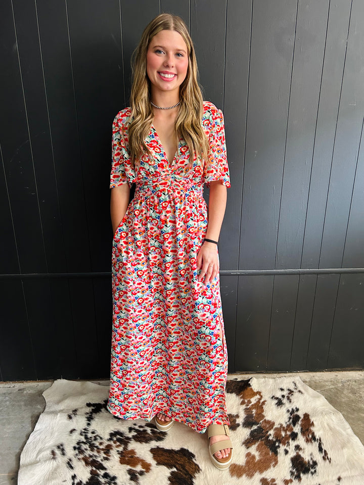 Floral Deep V- Neck Maxi Dress*