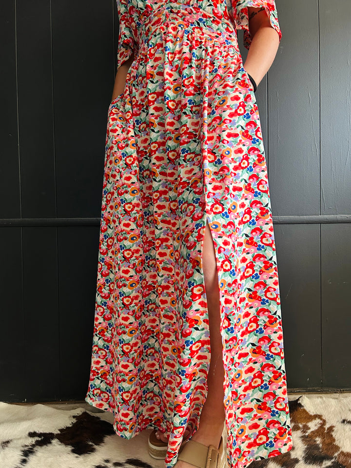 Floral Deep V- Neck Maxi Dress*