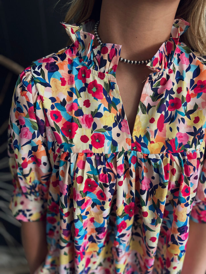 Floral Puff Short Sleeve V Neck Mini Dress