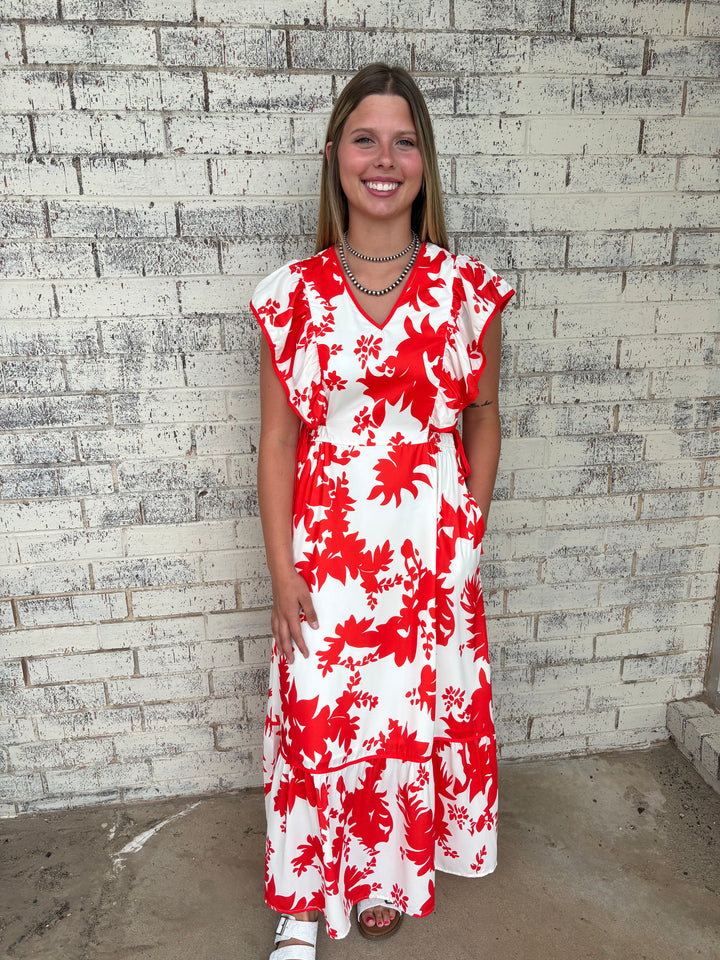 Floral Trimmed V-Neck Ruffle Sleeve Long Dress*