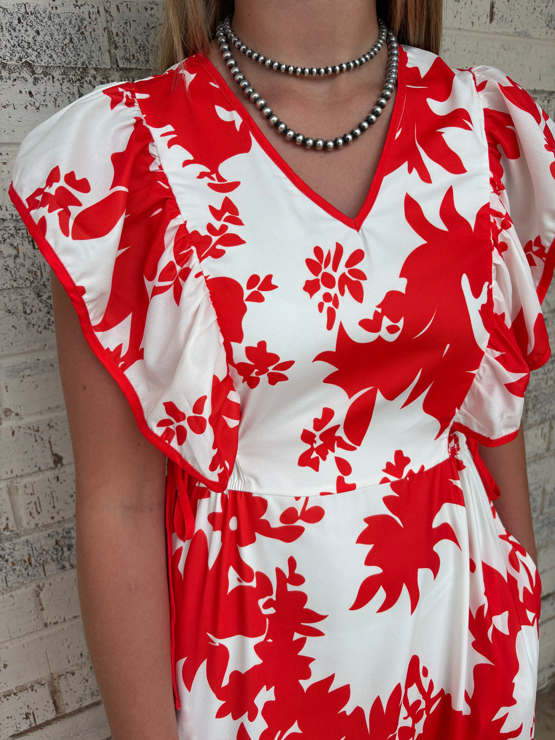 Floral Trimmed V-Neck Ruffle Sleeve Long Dress*