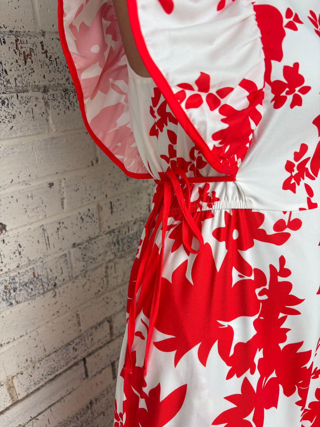 Floral Trimmed V-Neck Ruffle Sleeve Long Dress*