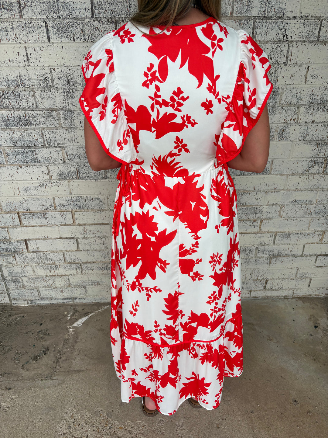 Floral Trimmed V-Neck Ruffle Sleeve Long Dress*