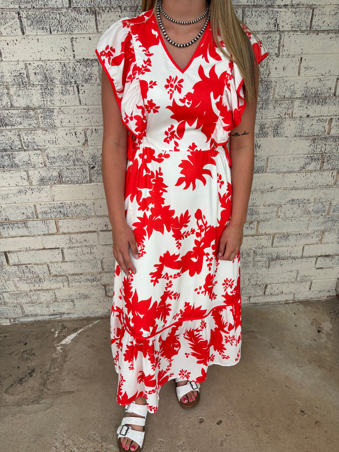 Floral Trimmed V-Neck Ruffle Sleeve Long Dress*