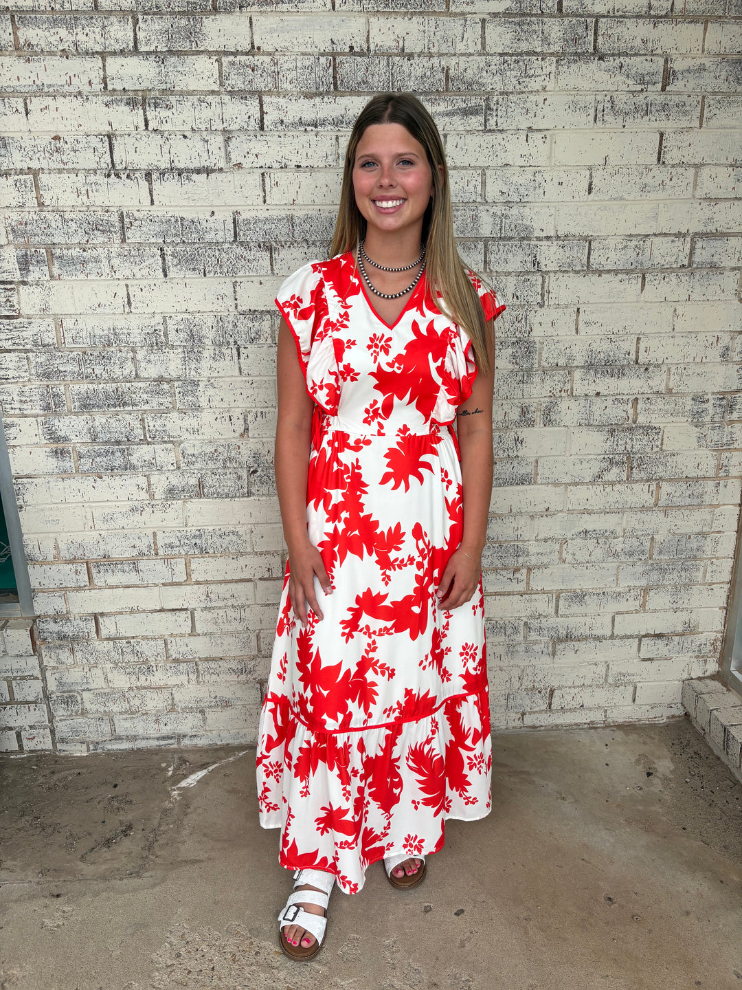 Floral Trimmed V-Neck Ruffle Sleeve Long Dress*