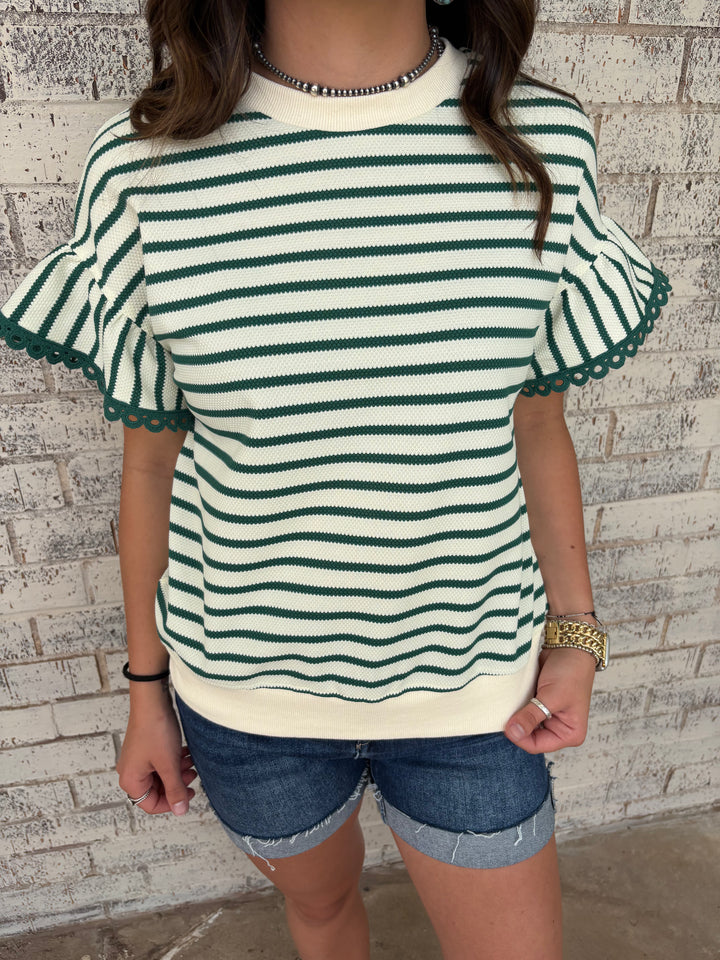Green Stripe Scallop Lace Trim Ruffle Crewneck Top