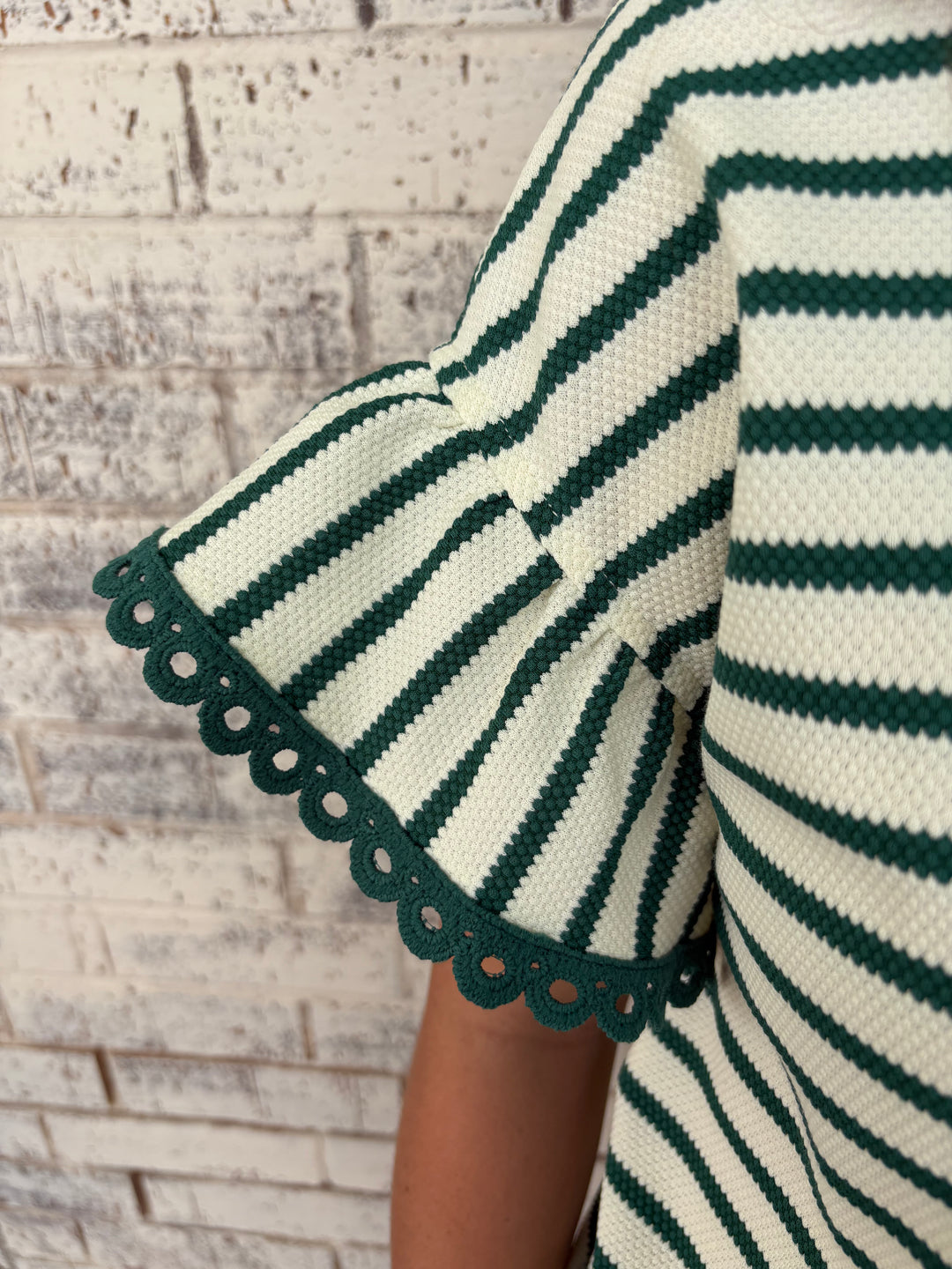Green Stripe Scallop Lace Trim Ruffle Crewneck Top
