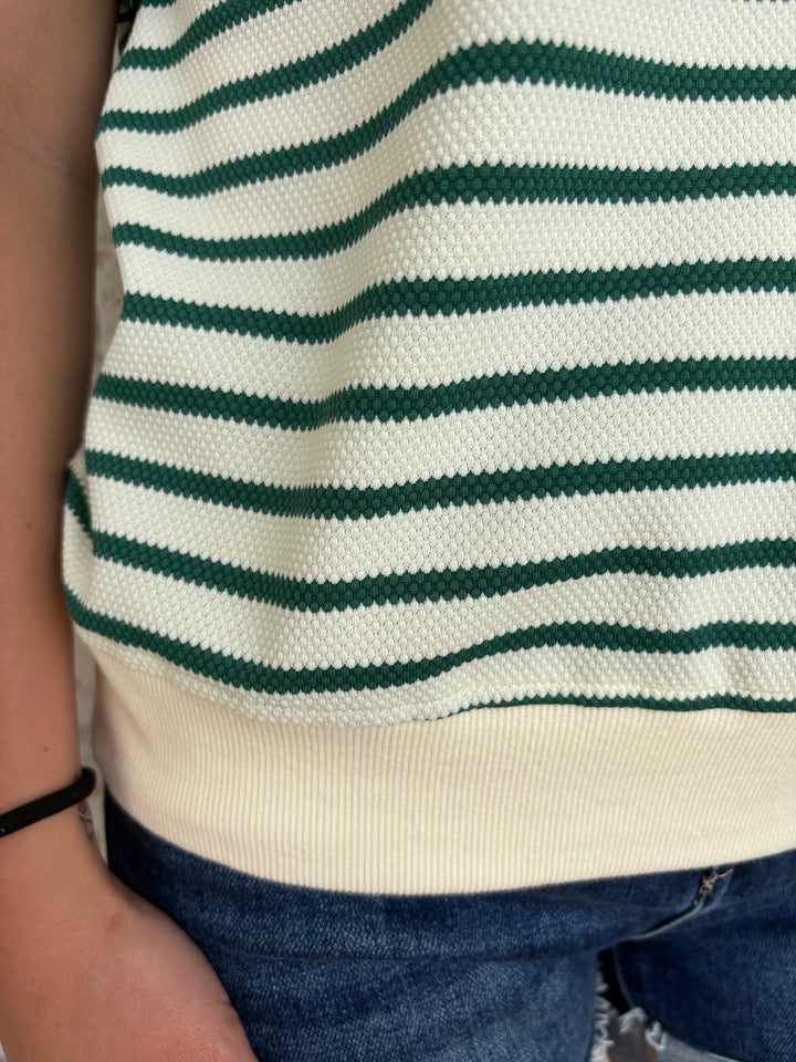 Green Stripe Scallop Lace Trim Ruffle Crewneck Top