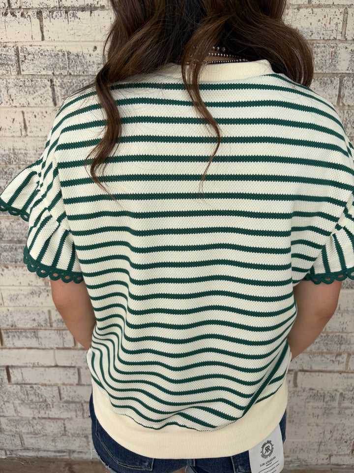 Green Stripe Scallop Lace Trim Ruffle Crewneck Top