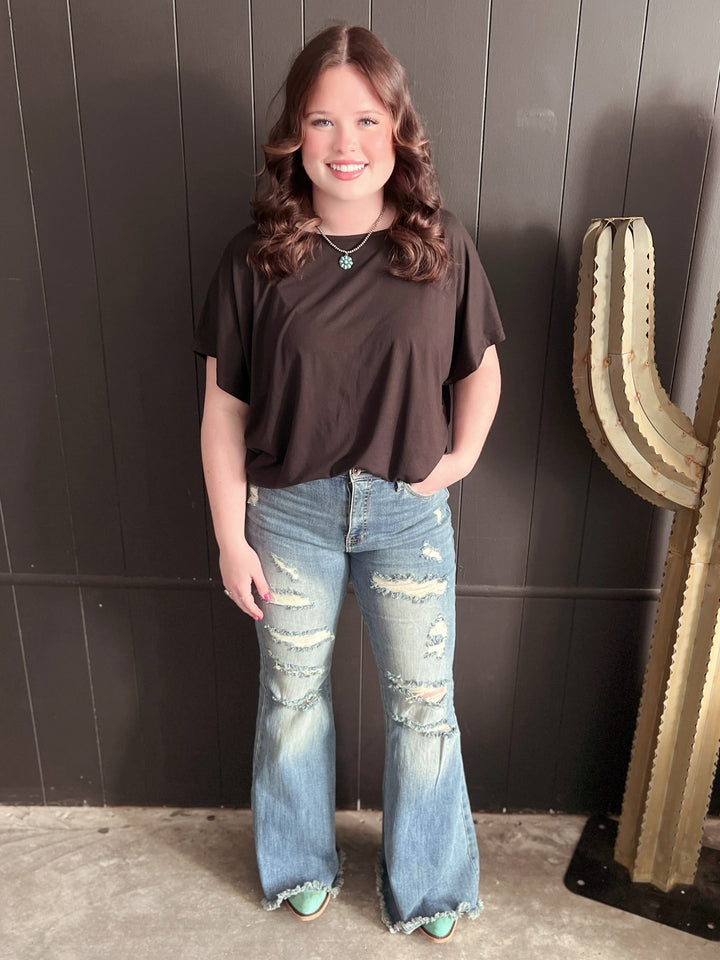 High Rise Tummy Control Distressed Flare Jeans | gussieduponline