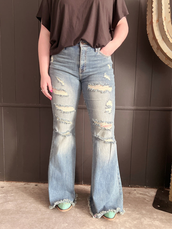High Rise Tummy Control Distressed Flare Jeans | gussieduponline