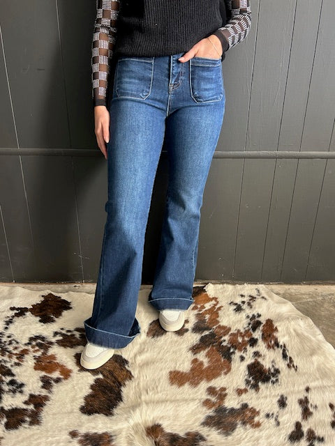 High Rise Flare Front Patch Pocket Dark Wash Jeans