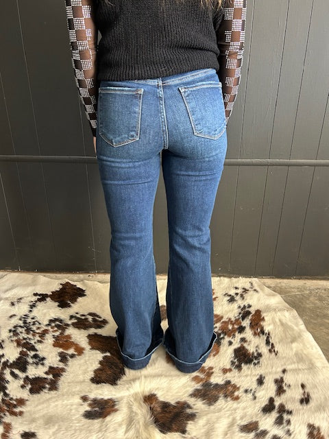 High Rise Flare Front Patch Pocket Dark Wash Jeans