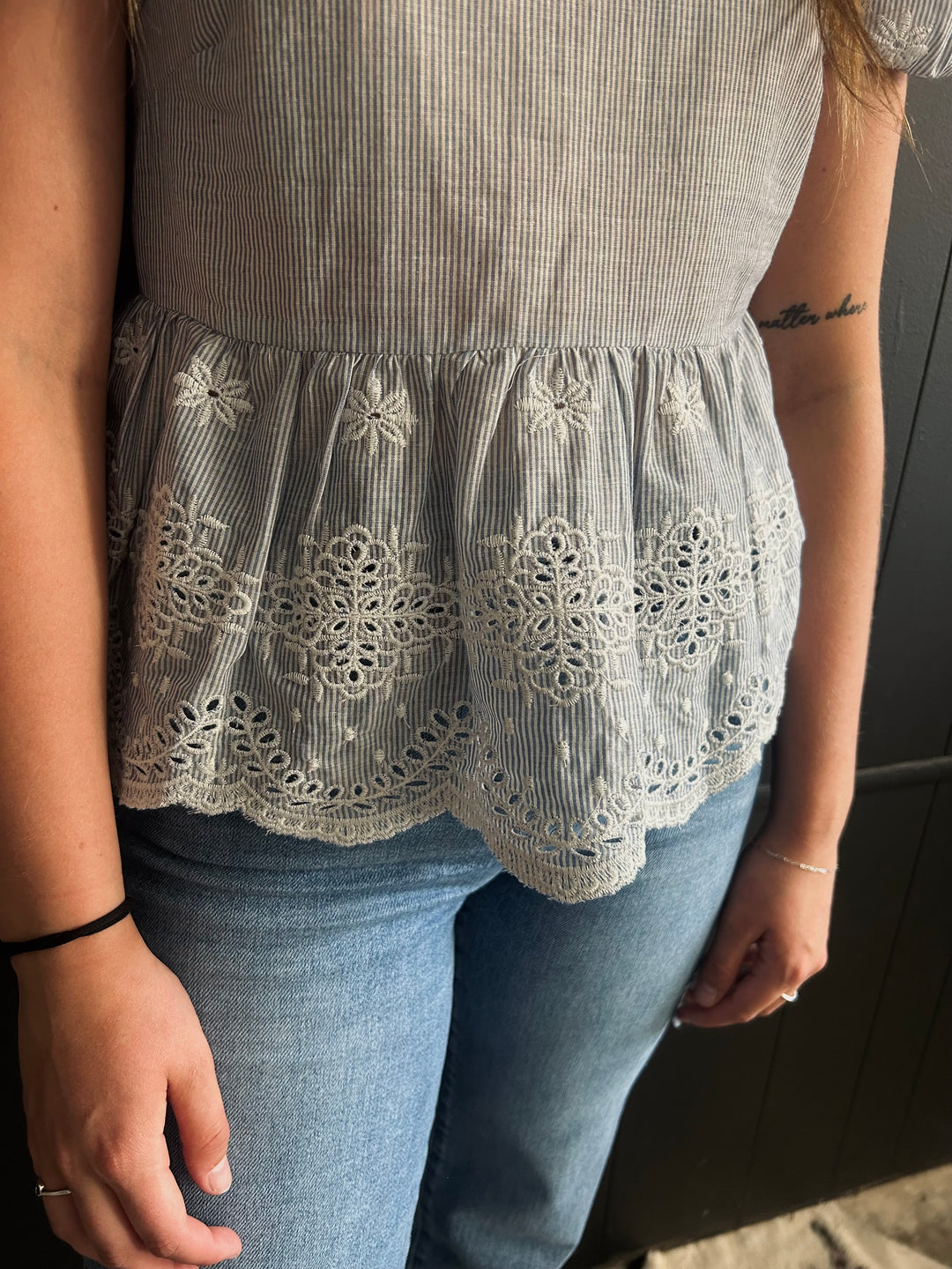 Blue & White Pin Stripe Floral Embroidered Top*