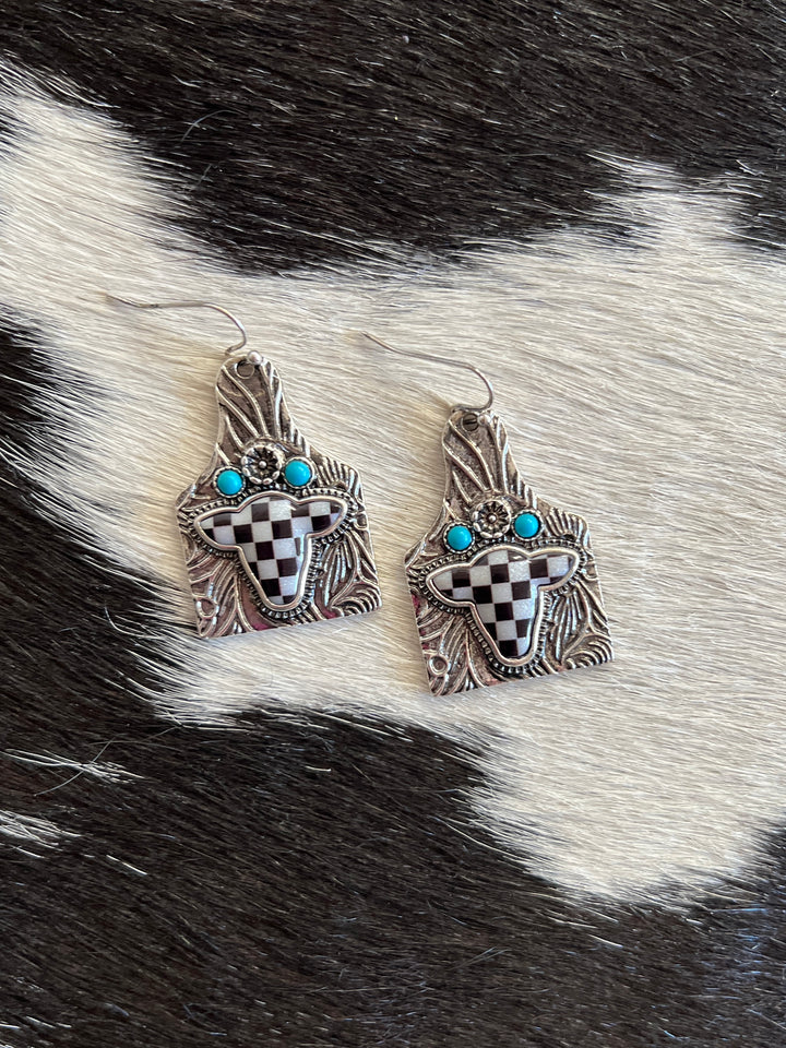 Checkered Cow Tooled Tag Earrings