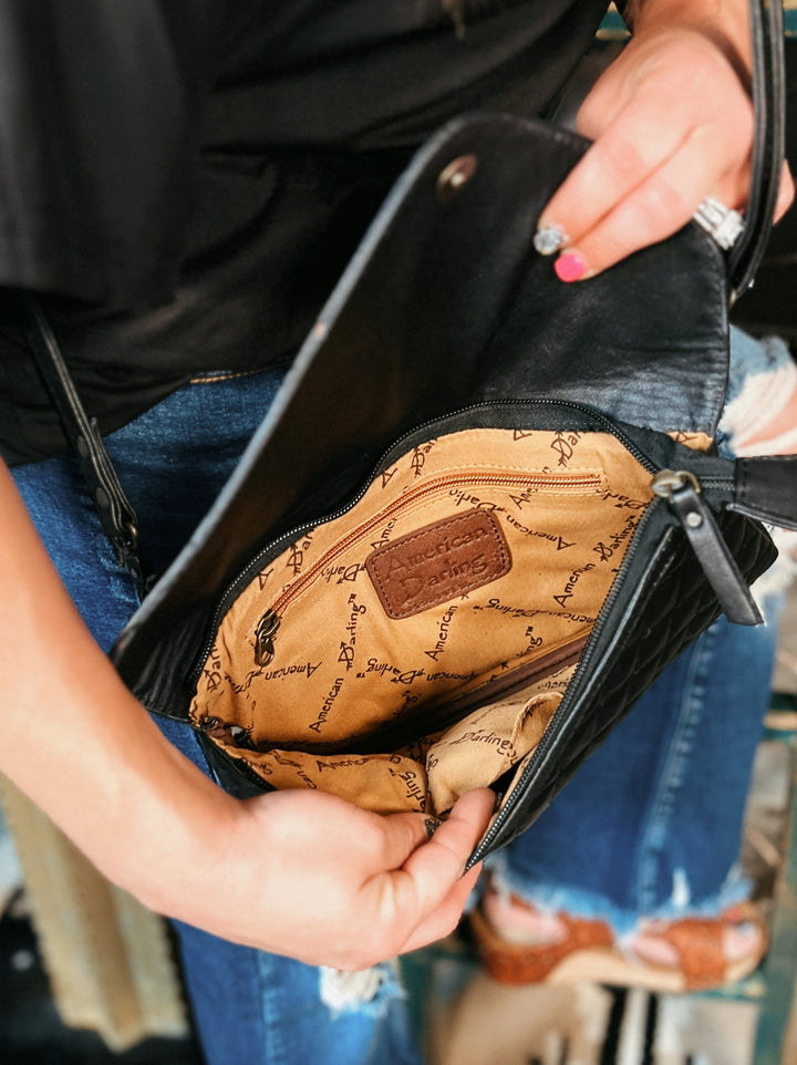 Darling Quilted Black Leather Crossbody Bag With Leather Flap | gussieduponline